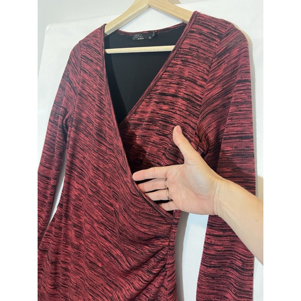 Prana Women Dress Medium Size Burgundy V-Neck Wrap Style Stretch Long Sleeves - Picture 5 of 10